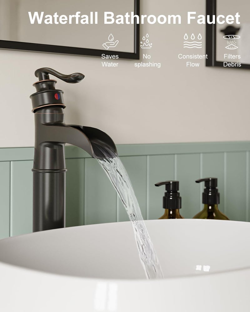 BWE Waterfall Spout Oil Rubbed Bronze Bathroom Faucet Single Handle One Hole Vessel Sink Faucet ORB Lavatory Faucets Deck Mount Tall Body Commercial - Image 4